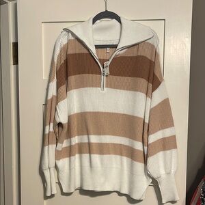 Aerie White and Tan Zip Up Sweater Classic Knit
